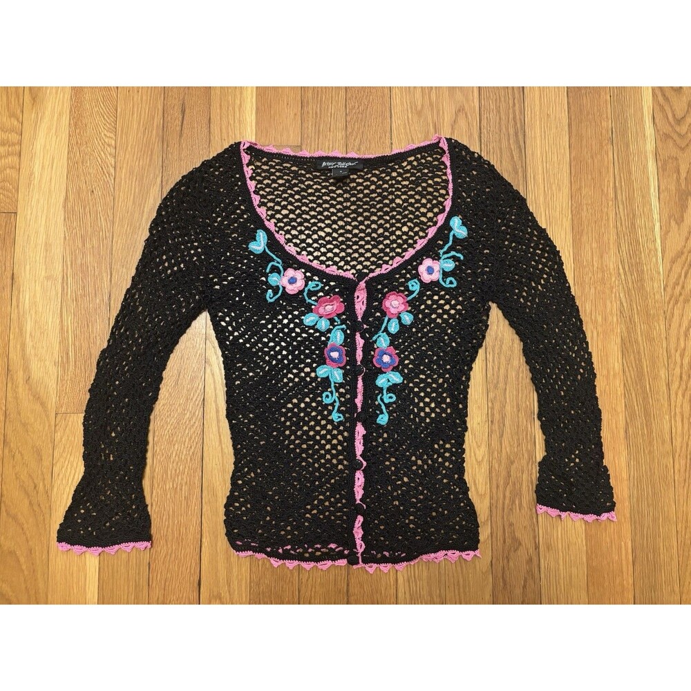 Vintage Y2K Betsey Johnson Crochet Cardigan Sweater Embroidered Floral Beaded M